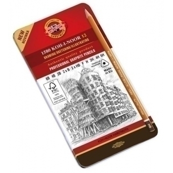 Карандаш KOH-I-NOOR 1580  трехгранный 12 шт./наб. FSC Pure 6B-6Н в мет.пенале арт.1582012001PL