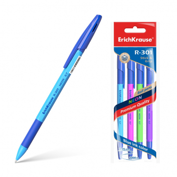 Ручка шариковая ErichKrause® R-301 Neon StickGrip 0.7, цвет чернил синий (в пакете по 4 шт.) арт.42023
