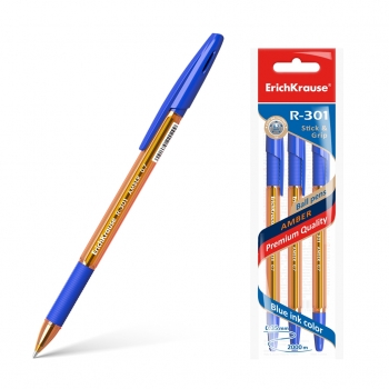 Ручка шариковая ErichKrause® R-301 Amber StickGrip 0.7, цвет чернил синий (в пакете по 3 шт.) арт.42748
