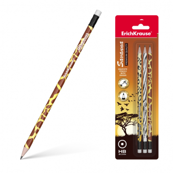 Чернографитный круглый карандаш с ластиком  ErichKrause® Savanna HB (в блистере по 3 шт.) арт.45621