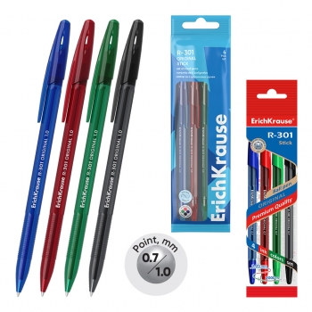 Ручки шариковые набор ErichKrause R-301 Original Stick, 1.0, 4шт (синяя, черная, красная, зеленая) арт.46776