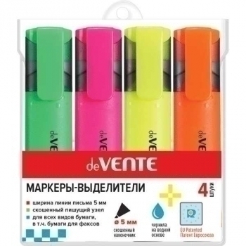 Маркеры-выделители набор 4цв. deVENTE (1-4 мм), плоский корпус, скошенный наконечник (желт, зел, оранж, роз) арт.5045319 Маркеры-выделители набор 4цв. deVENTE (1-4 мм), плоский корпус, скошенный наконечник (желт, зел, оранж, роз) арт.5045319