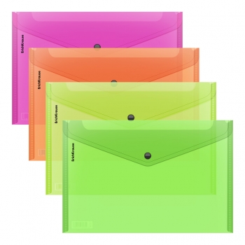 Папка-конверт А4 на кнопке ErichKrause Glossy Neon, 180мкм, полупрозрачная, ассорти арт.50300