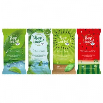 Салфетки влажные освежающие AURA Tropic coctail, 15*20см, 15шт., освежающие, ассорти арт.229648