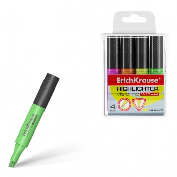 Текстмаркер ErichKrause® Visioline V-17 Mini, цвет чернил: желтый, зеленый, розовый, оранжевый (в футляре по 4 шт.) арт.