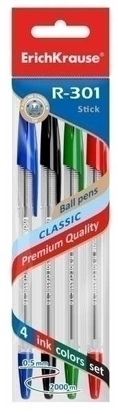 Ручки шариковые набор ErichKrause R-301 Classic Stick, 1.0, 4шт (синяя, черная, красная, зеленая) в пакете арт.44593 Ручки шариковые набор ErichKrause R-301 Classic Stick, 1.0, 4шт (синяя, черная, красная, зеленая) в пакете арт.44593