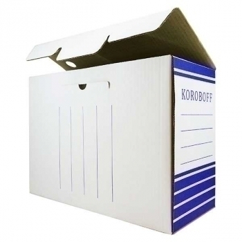 Короб архив. 150мм (327х150х240) из гофр. картона, белый, синяя печать Koroboff арт.150_син печ_Koroboff