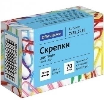 Скрепки OfficeSpace цветные 28мм, 70шт арт.CV28_2258 Скрепки OfficeSpace цветные 28мм, 70шт арт.CV28_2258
