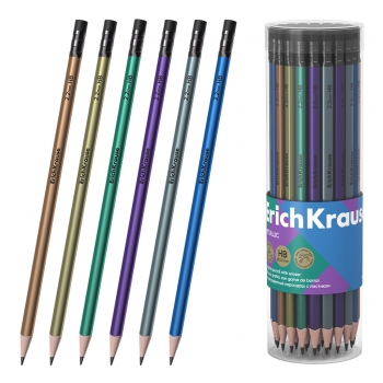 Чернографитный карандаш ErichKrause Metallic, трехгранный , с ластиком, HB (в тубусе по 42 шт.) арт.60723