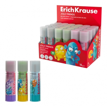 Клей-карандаш ErichKrause EasyStick Jolly Friends, 15г, цветной (в коробке-дисплее по 24 шт.) арт.60911