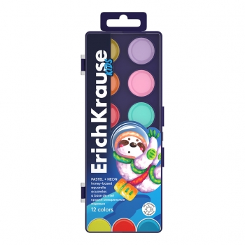 Акварель ErichKrause Kids Space Animals Neon+Pastel медовые с УФ защитой яркости 12 цветов арт.61364