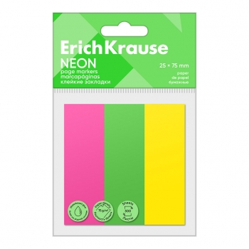 Клейкие закладки бумажные ErichKrause Neon, 25x75 мм, 300 листов, 3 цвета арт.61563
