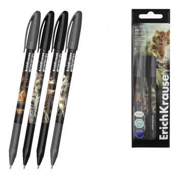 Набор из 4 ручек шариковых ErichKrause U-108 Stick Big City Cats 1.0, Ultra Glide Technology, цвет чернил синий (в пакет
