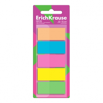 Клейкие закладки пластиковые ErichKrause Neon, 45x20 мм, 100 листов, 5 цветов арт.63170