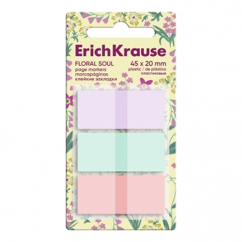 Клейкие закладки пластиковые  ErichKrause Floral Soul, 45x20 мм, 60 листов, 3 цвета, z-сложение арт.63177