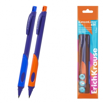 Набор из 2 механических карандашей ErichKrause ErgoLine® Kids Neon 2.0 мм, с точилкой, НВ (в пакете 2 шт.) арт.63334