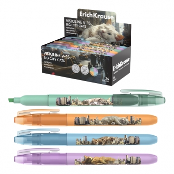 Текстмаркер ErichKrause Visioline V-15 Big City Cats, цвет чернил ассорти (в коробке-дисплее по 24 шт.) арт.63368
