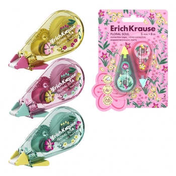 Набор из 2 корректирующих лент ErichKrause Floral Soul с печатью на корпусе, 5мм х 6м, ассорти (в блистере) арт.63422
