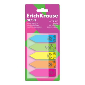 Клейкие закладки пластиковые ErichKrause Neon, 44x12 мм, 100 листов, 5 цветов арт.63663