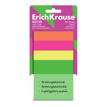 Блок самоклеящийся пластиковый ErichKrause Neon, 75х75 мм, 40 листов, 4 цвета арт.63672