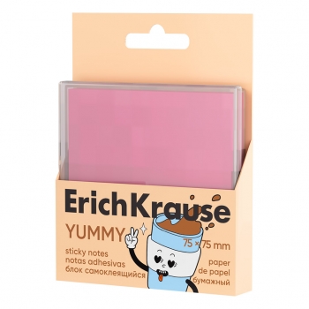 Блок самоклеящийся бумажный ErichKrause Yummy, 75х75 мм, 80 листов, розовый (в пластиковой коробке) арт.63674