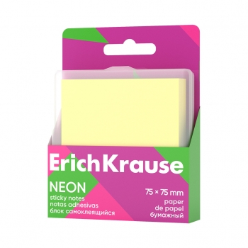 Блок самоклеящийся бумажный  ErichKrause Neon, 75х75 мм, 80 листов, желтый (в пластиковой коробке) арт.63675