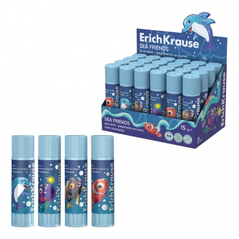 Клей-карандаш ErichKrause EasyStick Sea Friends, 15г, ассорти (в коробке-дисплее по 24 шт.) арт.65008