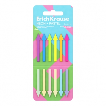 Клейкие закладки пластиковые ErichKrause Neon + Pastel, 8x44 мм, 120 листов, 12 цветов, в картонной книжке арт.65140