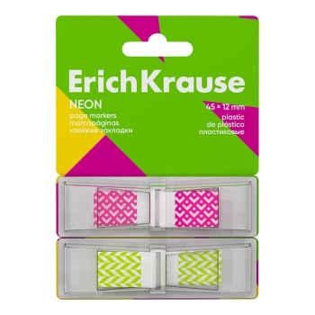 Клейкие закладки пластиковые ErichKrause Neon, 45x12 мм, 80 листов, 2 цвета (в диспенсере) арт.65158
