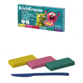Пластилин классический ErichKrause  Jolly Friends Glitter с блестками 6 цветов со стеком, 108 г (в коробке 6 шт) арт.654