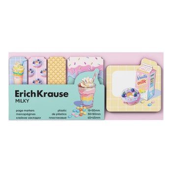 Клейкие закладки пластиковые ErichKrause Milky,15х50 мм, 30х50 мм, 45х45 мм, 100 листов, ассорти арт.65654