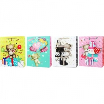 Пакет подарочный 18x23x8 см бумажный deVENTE Teddy bear, блестки, объемн.детали, 4 дизайна, арт. 9041137