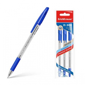Ручки шариковые набор ErichKrause R-301 Classic StickGrip 1.0,  3 шт., синяя  арт.42747 Ручки шариковые набор ErichKrause R-301 Classic StickGrip 1.0,  3 шт., синяя  арт.42747