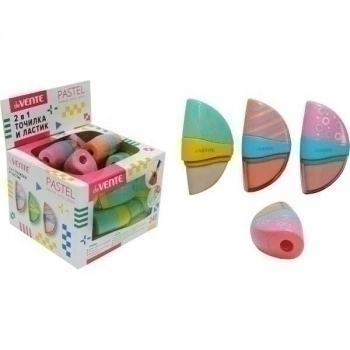 Точилка и ластик deVENTE 2в1 Pastel, пластиковая цветная с контейнером, белый ластик арт. 4071102