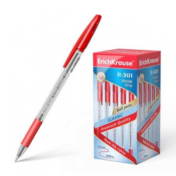 Ручка шариковая ErichKrause R-301 CLASSIC Stick and Grip, 1.0мм, красная арт.43188 Ручка шариковая ErichKrause R-301 CLASSIC Stick and Grip, 1.0мм, красная арт.43188