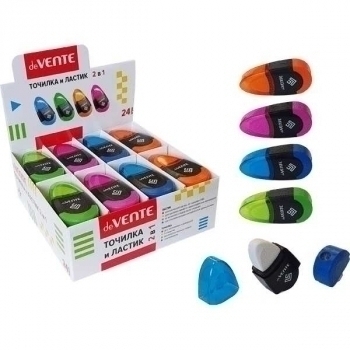 Точилка и ластик deVENTE 2в1, пластиковая цветная с контейнером, белый ластик, арт.4071027