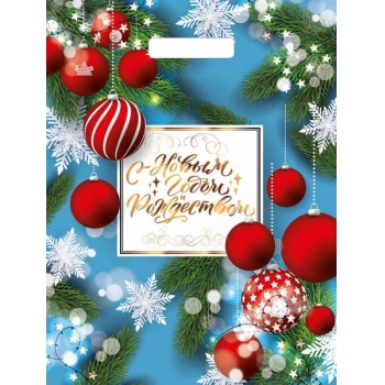 Мешок  новогодний 40х31см ПВД 60мкм глянцевый с вырубной ручкой, Шарики и фонарики арт.н00223907 Мешок  новогодний 40х31см ПВД 60мкм глянцевый с вырубной ручкой, Шарики и фонарики арт.н00223907