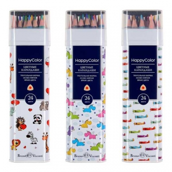 Карандаши Bruno Visconti 24цв HAPPYCOLOR, трехгранные, 3 вида, в метал. тубе арт.30-0063