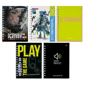 Блокнот А6 80л с боковой спиралью, в клетку, ассорти 5 видов арт.3-80-032/02