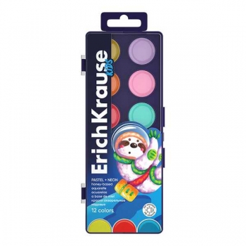 Акварель ErichKrause Kids Space Animals Neon+Pastel медовые с УФ защитой яркости 12 цветов арт.61364