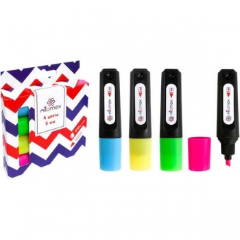 Маркеры-выделители набор 4 шт Attomex (1-5 мм), плоский корпус, скошенный наконечник (желт, зел, гол, роз) арт.5045356