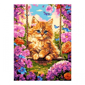 Набор для рисования по номерам, картина 31х40 см Котенок на качелях (холст на подрамнике, краски, кисть) арт.Рх-166