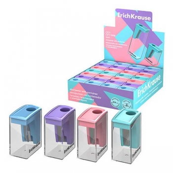 Точилка пластиковая ErichKrause на одно отверстие City Mini Pastel с контейнером, ассорти арт.61277 Точилка пластиковая ErichKrause на одно отверстие City Mini Pastel с контейнером, ассорти арт.61277