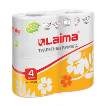 Бумага туал. LAIMA 4 шт. белая, двухслойная, (4х19 м) арт.126904