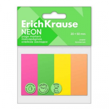 Набор самокл. флажков бумажных с клеевым краем ErichKrause 20*50мм, 4*50 листов, Neon арт.61562 Набор самокл. флажков бумажных с клеевым краем ErichKrause 20*50мм, 4*50 листов, Neon арт.61562