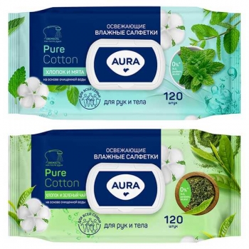 Салфетки влажные освежающие Aura Pur cotton 15*17см, 120шт/уп, big-pack с пласт. клапаном арт.4752171010383