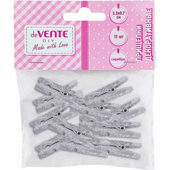 Прищепки декоративные deVENTE Silver 35*7 мм-12 шт., деревянные, серебристые металлик арт. 8120404