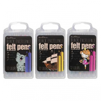 Фломастеры-кисточки Bruno Visconti  12 цв BLACK EXCELLENCE, двусторонние, 2 вида, в пластик. пенале  арт.32-0058