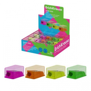 Точилка пластиковая ErichKrause на одно отверстие Base Mini, Neon, с контейнером, ассорти арт.60077 Точилка пластиковая ErichKrause на одно отверстие Base Mini, Neon, с контейнером, ассорти арт.60077