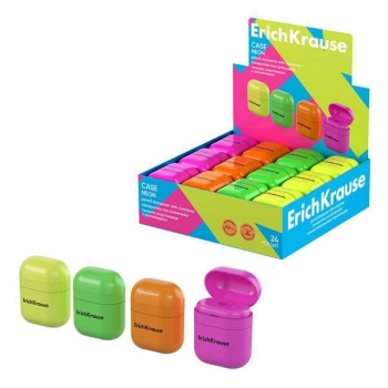 Точилка пластиковая ErichKrause на одно отверстие Case, Neon с контейнером, ассорти арт.60040